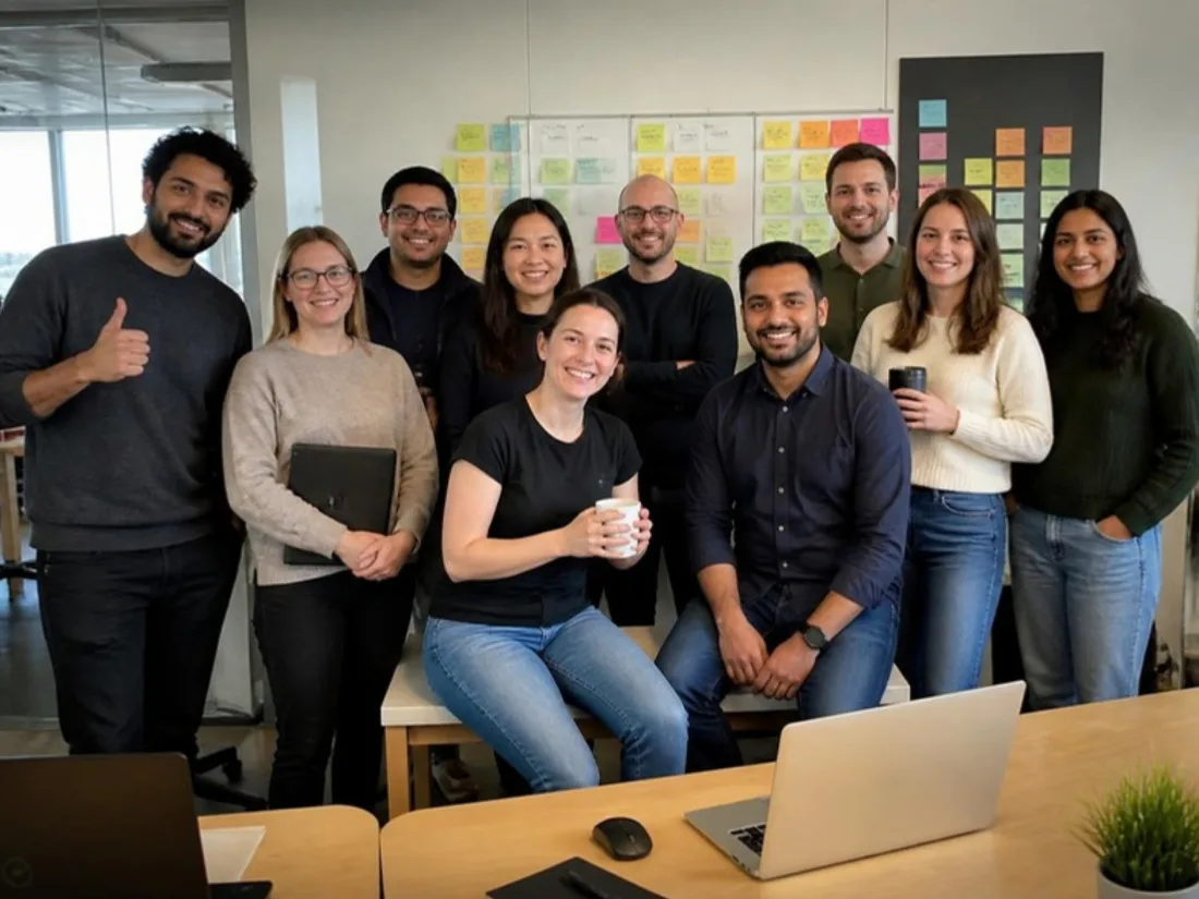 An agile product team of nine posing in front of a wall of sticky notes in their office