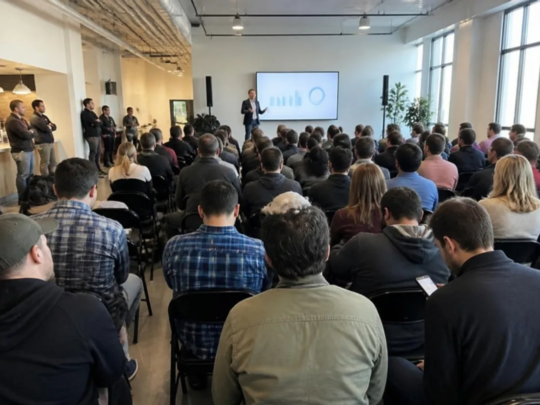 A company town hall: an executive presents slides to rows of seated employees seen from behind