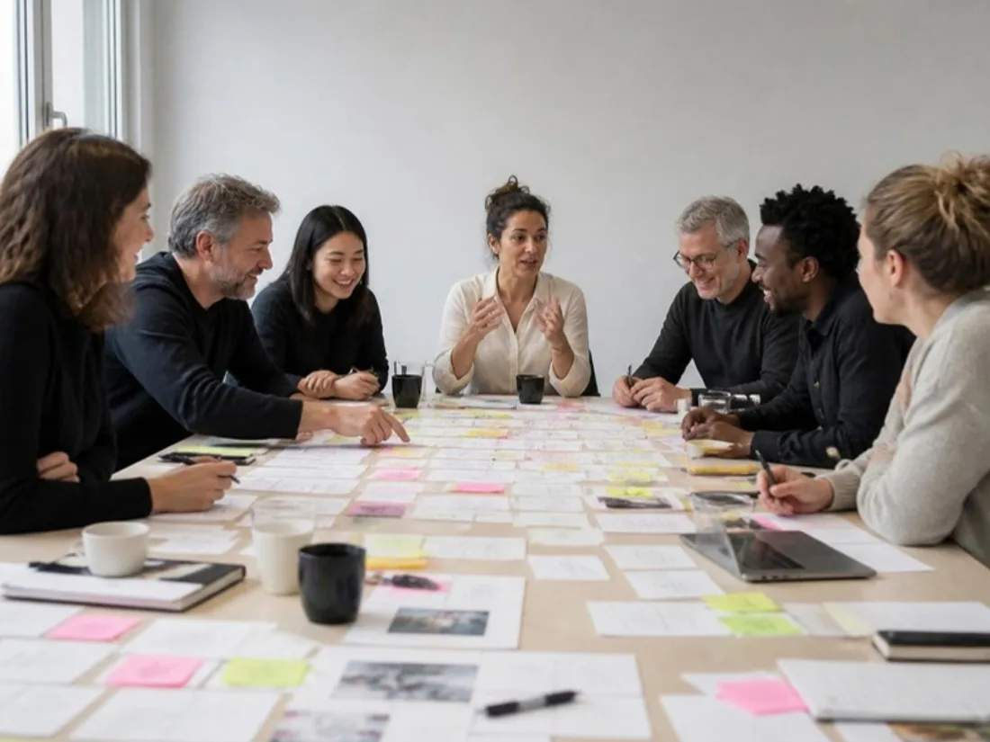 A co-design workshop: a client team around a table covered in cards and sticky notes, one person explaining an idea